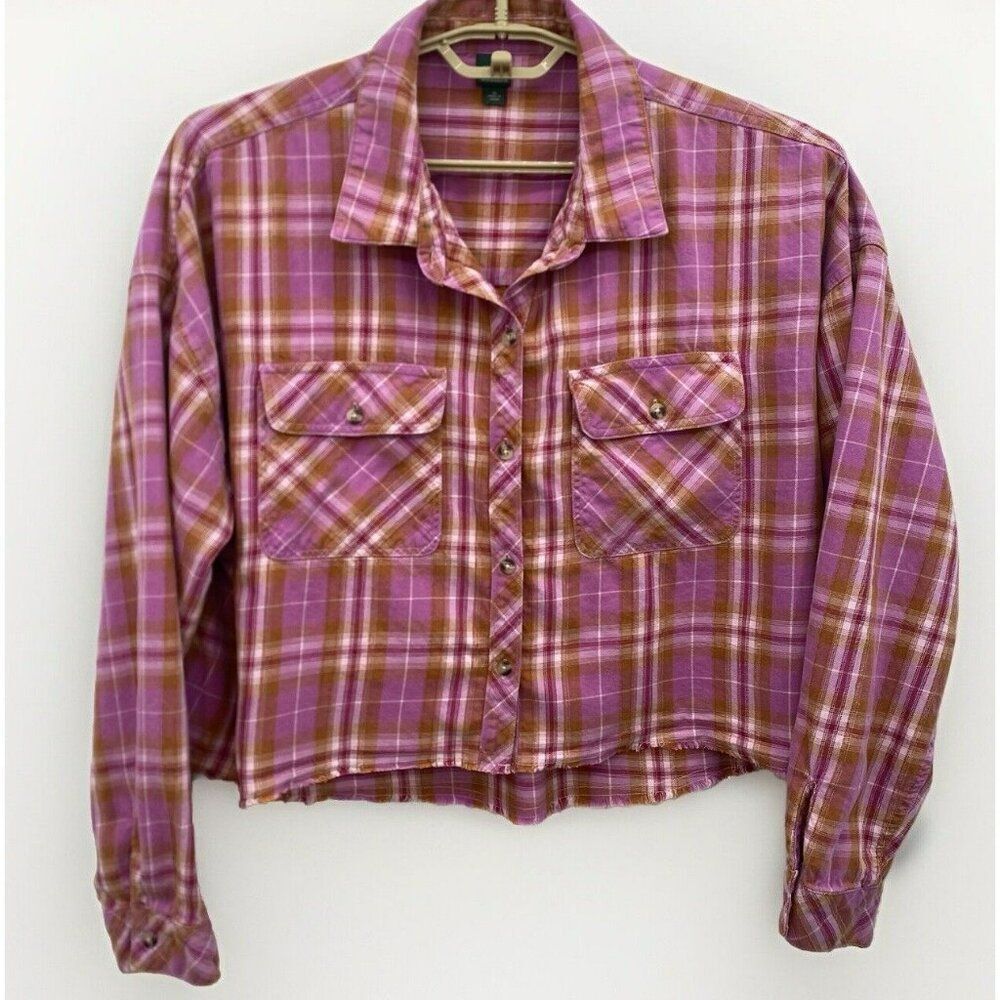 Wild‎ Fable Cropped Shirt Womens Boxy Button-Up Raw Hem Purple Plaid XL